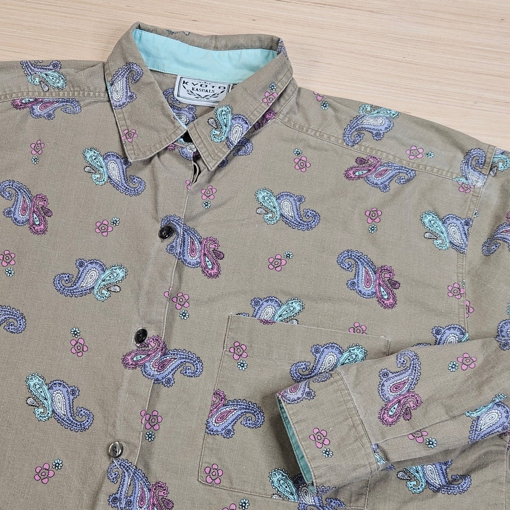 Kyoto Kasuals Button Up Taupe Paisley Shirt Women L Long Sleeve Cotton Blouse‎